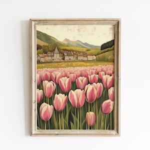 Spring Wall Art, Cottagecore Printable Decor, Spring Tulip Field Wall Art, Spring Village Art, Spring Countryside Decor, Digital Download