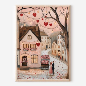 Valentines Day Village Digital Print | Romantic Folk Wall Art, Instant Download, Street Scene Wall Art, Trendy Valentine, Cozy Home Decor