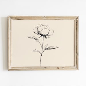 Vintage Pfingstrosen Blume Linie Zeichnung Druck, Vintage botanische Skizze Wandkunst, Schwarzweiß-Blumenillustration, digitaler Download Wandkunst