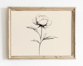 Vintage Peony Flower Line Drawing Print, Vintage Botanical Sketch Wall Art, Black and White Floral Illustration, Digital Download Wall Art