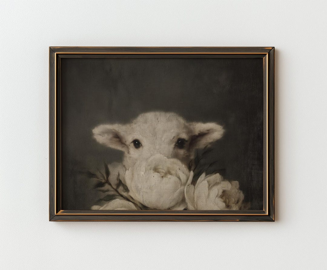 Moody Vintage Lamb Oil Painting | Antique Sheep and Peonies Wall Art ...
