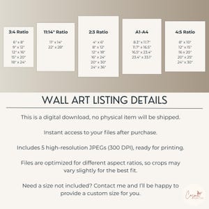 May include: Image showing wall art size options in inches for various aspect ratios: 3:4, 11:14, 2:3, A1-A4, and 4:5. The text "WALL ART LISTING DETAILS" is displayed, along with details about the digital download.