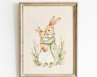 Mother & Baby Bunny Print, Woodland Nursery Decor, Cottagecore Rabbit Print, Easter Vintage Whimsical Animal Art, Soft Pastel Nursery Print