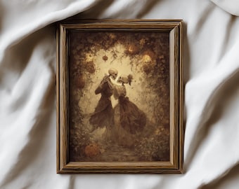 Eternal Love Skeletons Art Print | Vintage Gothic Halloween Decor | Romantic Skeleton Couple Wall Art | Spooky Romance Wall Art