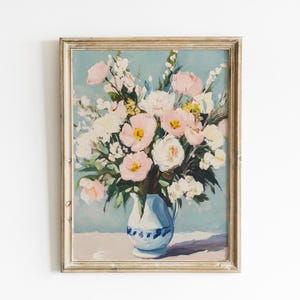 Vintage Spring Floral Painting, Pink & White Peony Art Print, Cottagecore Wall Decor Download, Pastel flower print, Spring floral art