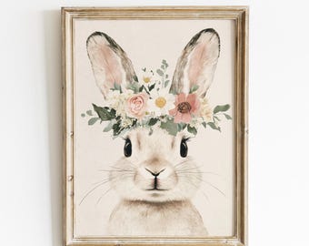 Floral Bunny Wall Art, Boho Woodland Nursery Print, Cute Rabbit Print, Baby Girl Room Decor, Cottagecore Bunny Poster, Spring Animal Artwork