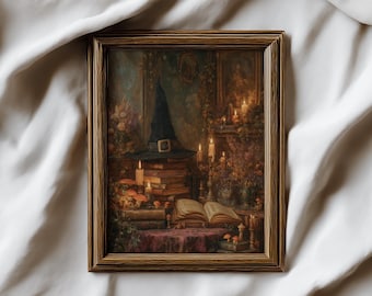 May include: A framed print depicts a witch's hat atop a stack of books, surrounded by candles and mushrooms. The artwork has a warm, inviting color palette with a focus on the details of the objects and the soft lighting.