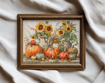 Natureza morta com colheita de outono | Impressão de girassóis e abóboras | Decoração de outono | Arte de parede rústica de fazenda | Arte de cozinha sazonal