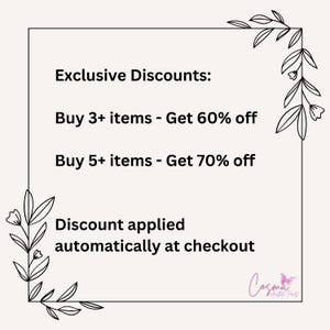 May include: Text graphic with floral accents, stating "Exclusive Discounts:"  "Buy 3+ items - Get 60% off"  "Buy 5+ items - Get 70% off"  "Discount applied automatically at checkout"  and the logo "Cosma Creative Prints".