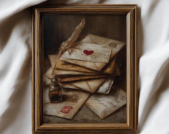 May include: A framed artwork depicts a stack of aged letters, some with stamps and a red heart. A quill pen and inkwell sit nearby. The artwork has a warm, vintage aesthetic, with a wooden frame. The letters appear to be handwritten.