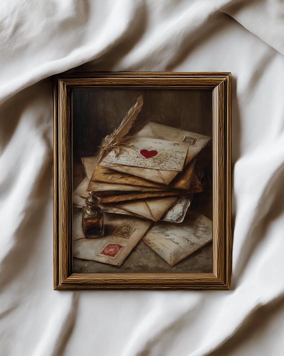 Vintage Love Letters Oil Painting Print | Antique Ephemera Wall Art | Romantic Quill and Inkpot Decor | Valentine’s Day Digital Download
