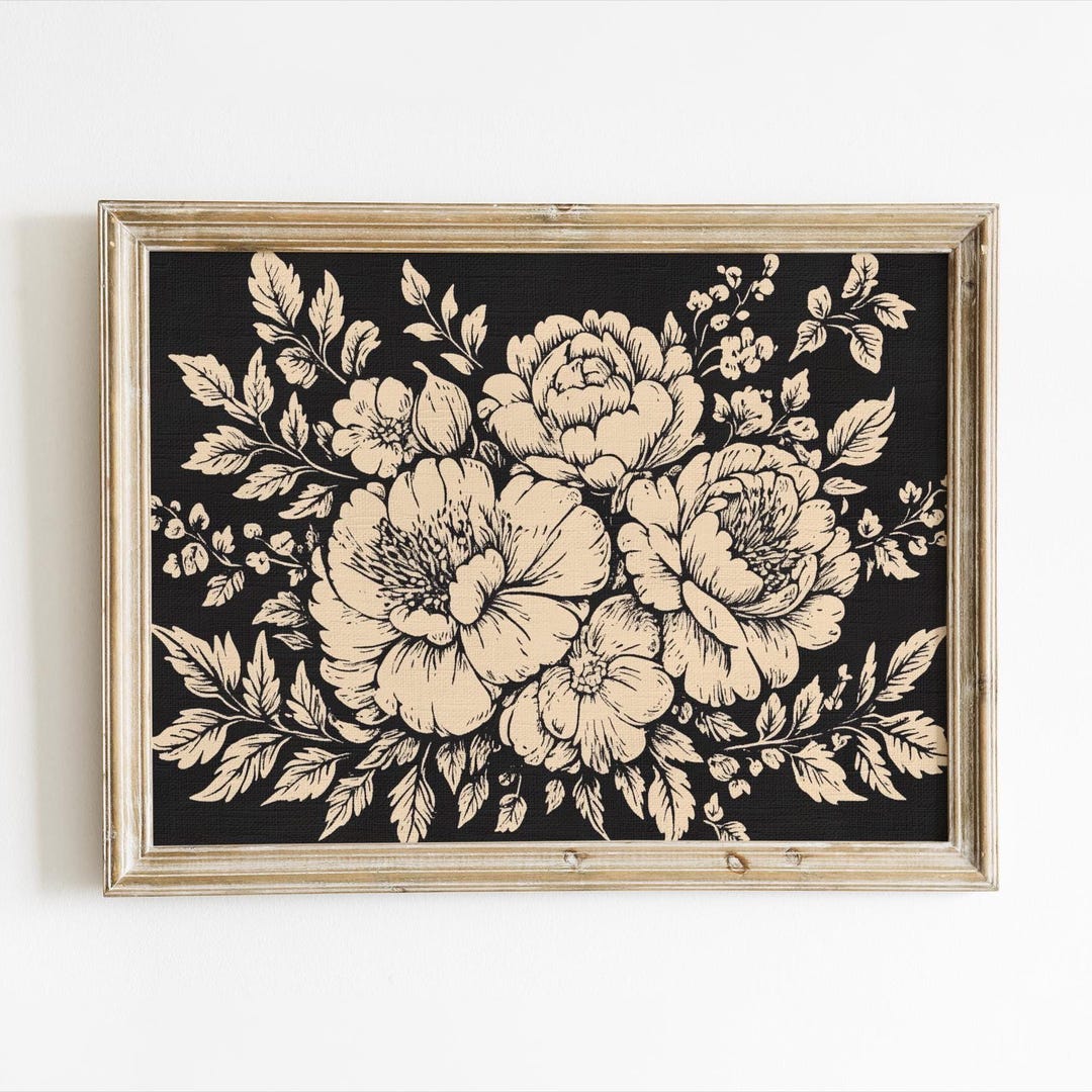 ヴィンテージの花柄木版画、対称的な植物牡丹アート、アンティーク