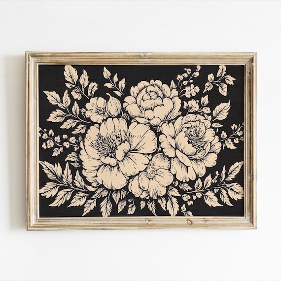 ヴィンテージの花柄木版画、対称的な植物牡丹アート、アンティーク