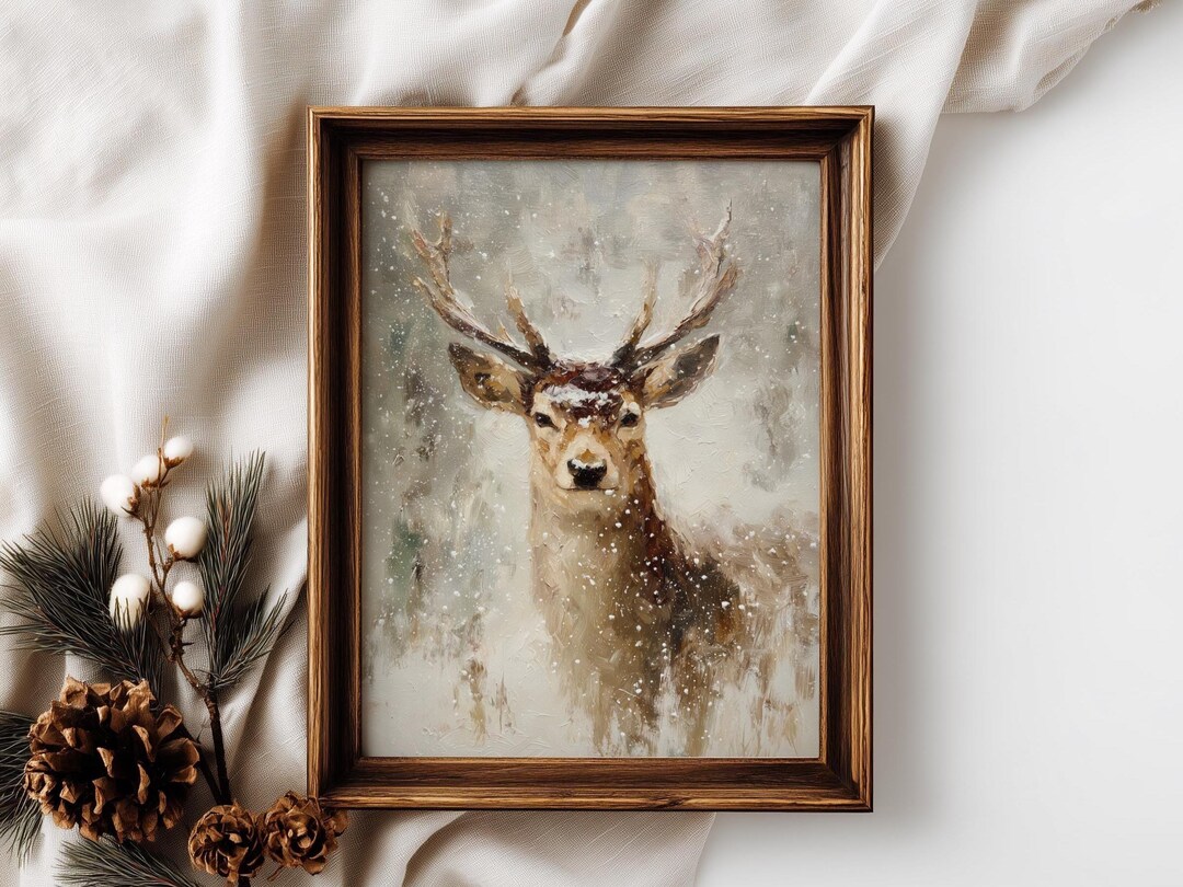 Vintage Deer Print | Rustic Winter Decor | Stag in Snow Oil Painting ...