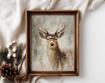 Vintage Deer Print | Rustic Winter Decor | Stag in Snow Oil Painting | Moody Woodland Art | Instant Digital Download | Winter Printable Art