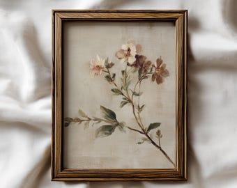 Pintura al óleo vintage de flores silvestres / Arte mural floral apagado / Impresión botánica antigua / Decoración cottagecore neutra / Arte rústico para el hogar