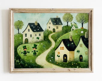 May include: A watercolor painting of a whimsical village with green houses, a winding path, and two leprechauns wearing green hats and holding shamrocks. The houses have shamrock details and heart-shaped windows. The painting has a green and brown color scheme.