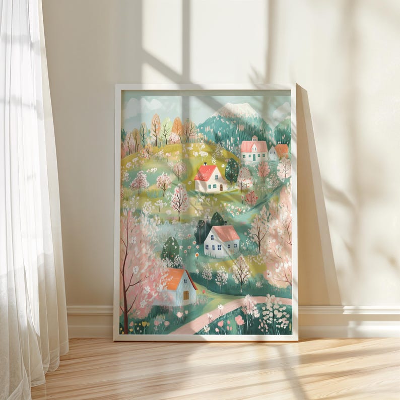 May include: A watercolor painting of a whimsical village nestled in a green valley. The houses are painted in shades of pink, white, and blue, with red roofs. The landscape is dotted with blooming trees and flowers, creating a vibrant and cheerful scene.