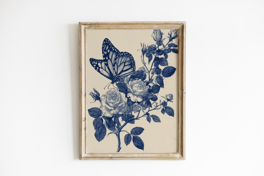 Vintage Monarch Butterfly Wall Art | Indigo Blue Rose Botanical Print ...