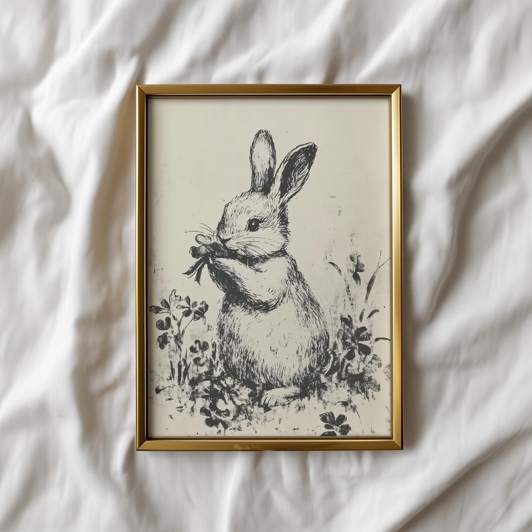 Vintage Rabbit Sketch Print | Antique Bunny Ink Drawing | Neutral ...