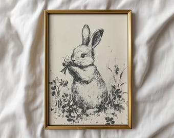 Vintage Rabbit Sketch Print | Antique Bunny Ink Drawing | Neutral Storybook Nursery Wall Art | Farmhouse Woodland Decor | Digital Download