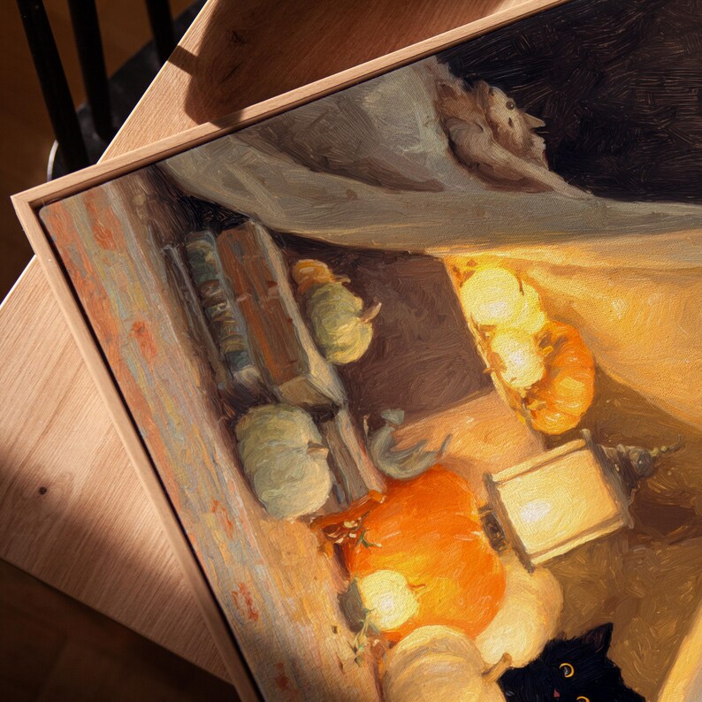 May include: An oil painting in a wooden frame, featuring a harvest scene. The artwork shows pumpkins, books, and a lantern. A black cat is visible in the bottom right. The color scheme uses warm oranges, creams, and browns, creating an autumnal atmosphere.