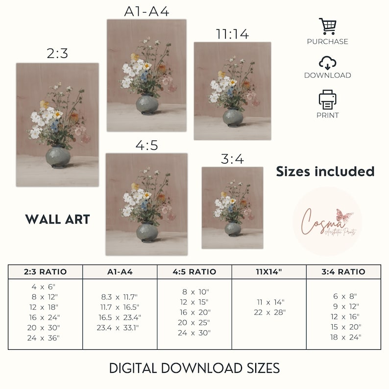May include: Wall art print featuring a still life of colorful flowers in a gray vase. The image is available in various aspect ratios, including 2:3, A1-A4, 4:5, 11x14, and 3:4, with multiple size options. The words "WALL ART" and "DIGITAL DOWNLOAD SIZES" are visible.