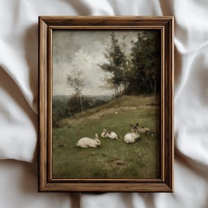 Vintage Rabbits Oil Painting | Antique Woodland Landscape Art | Rustic Farmhouse Meadow Decor | Easter Print | Countryside Bunny Print