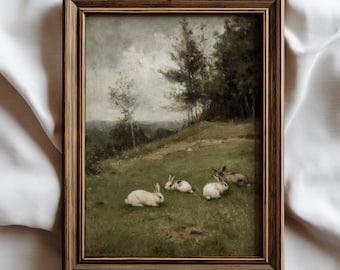Vintage Rabbits Oil Painting | Antique Woodland Landscape Art | Rustic Farmhouse Meadow Decor | Easter Print | Countryside Bunny Print