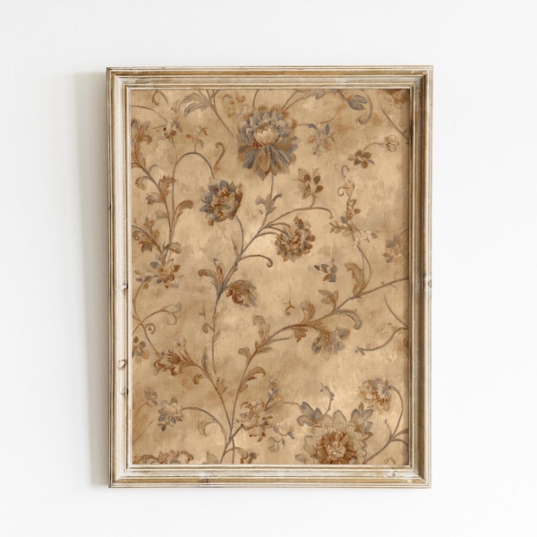 Vintage bloemen olieverfschilderij print - beige blauw botanische muur kunst - noodlijdende canvas textuur digitale download - shabby chique decor van de boerderij