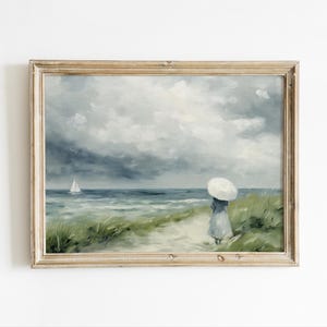 Stampa artistica da parete costiera d&#39;epoca, download digitale di paesaggio marino romantico, dipinto oceanico in stile antico, arredamento cottage sulla spiaggia, arte murale costiera