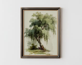 Vintage Willow Tree Watercolor Print | Weeping Willow Wall Art | Botanical Tree Painting | Serene Landscape Decor | Cottagecore Digital Art