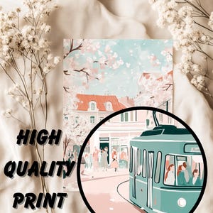 May include: A digital painting of a vintage green trolley car driving down a street lined with pink buildings. The buildings have white windows and red roofs. The street is lined with cherry blossom trees and pink petals are falling from the trees. There are people walking on the sidewalk.