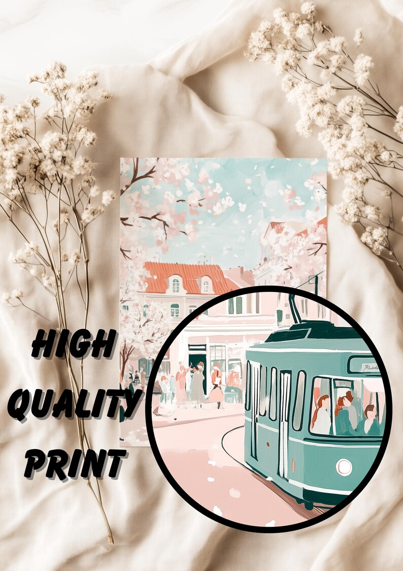 May include: A digital painting of a vintage green trolley car driving down a street lined with pink buildings. The buildings have white windows and red roofs. The street is lined with cherry blossom trees and pink petals are falling from the trees. There are people walking on the sidewalk.