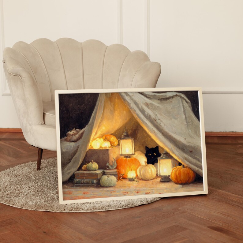 May include: A framed print shows a warm autumn scene. Inside a draped tent, pumpkins of different sizes and colours are lit by lanterns. A black cat is visible, adding a touch of whimsy to the fall harvest display.