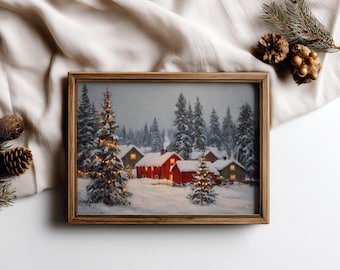 Puede incluir: Pintura enmarcada de un paisaje invernal con casas cubiertas de nieve y árboles de hoja perenne. Las casas tienen tejados rojos y ventanas iluminadas, con un primer plano nevado y un bosque de fondo. El marco es de madera.