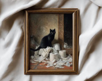 Vintage Black Cat Art Print | Mischievous Cat Painting | Funny Pet Wall Art | Dark Academia Decor | Printable Digital Download