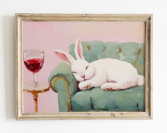 Cozy Bunny Wall Art, Vintage Rabbit Print, Whimsical Animal Print, Cute Sleeping Bunny Art, Pastel Home Decor, Cottagecore Aesthetic Print