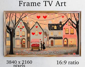 Valentines Day TV Art | Samsung Frame TV Art | Romantic TV frame | Cozy Cottage Street Scene | 16:9 Ratio | High-Resolution Instant Download