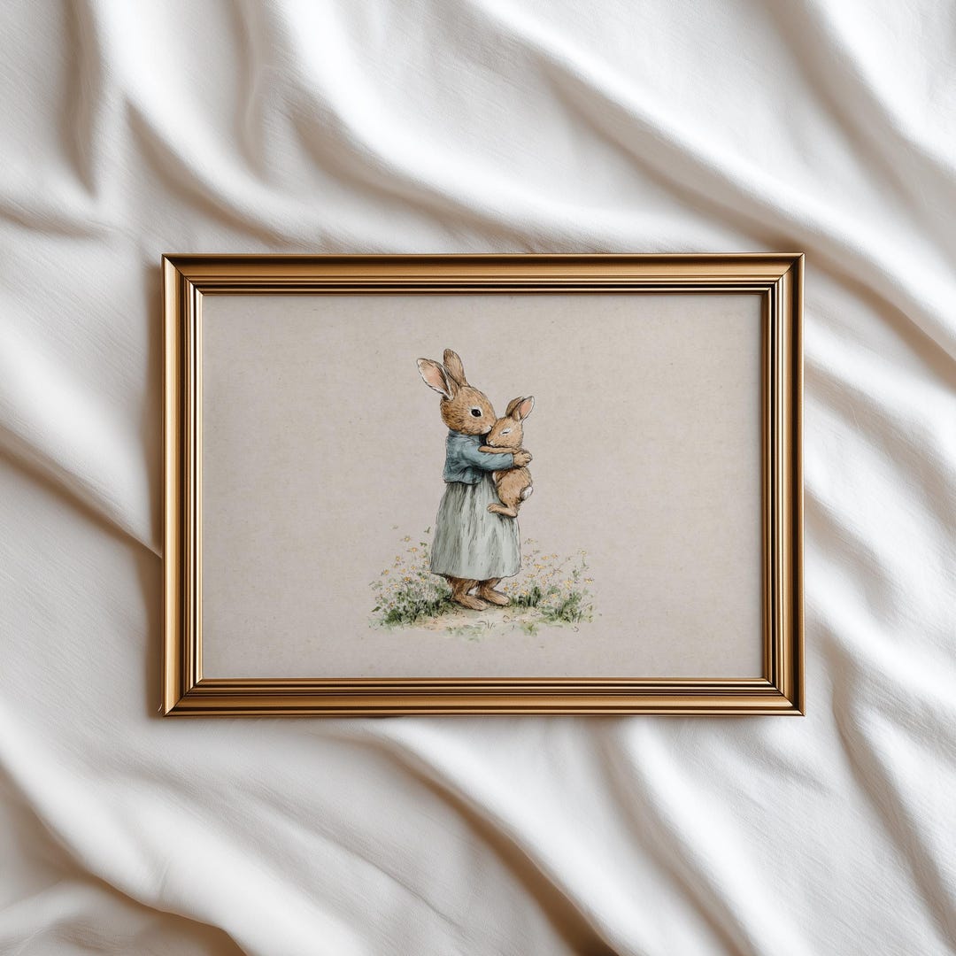 Vintage Storybook Mother and Baby Rabbit Illustration | Bunny Embrace ...