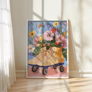 May include: A pair of yellow roller skates with a bouquet of colourful flowers in the skates. The background is a light blue colour.