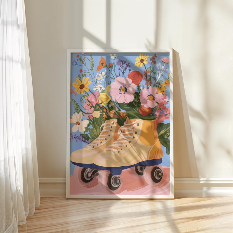 May include: A pair of yellow roller skates with a bouquet of colourful flowers in the skates. The background is a light blue colour.