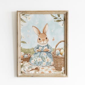 Vintage Easter Bunny Wall Art – Hand-Painted Spring Rabbit Print, Cottagecore Nursery Decor, Floral Bunny Illustration, Instant Download