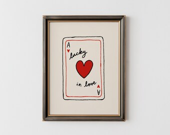 Ace of Hearts Lucky in Love Art Print | Minimalist Playing Card Wall Art | Trendy Hand Drawn Valentine's Day Gift | Aesthetic Digital Art