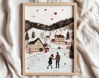 May include: A framed art print depicting a winter scene with a couple ice skating on a frozen pond. The artwork features a village nestled in a snowy landscape, with heart-shaped accents and a light wood frame.