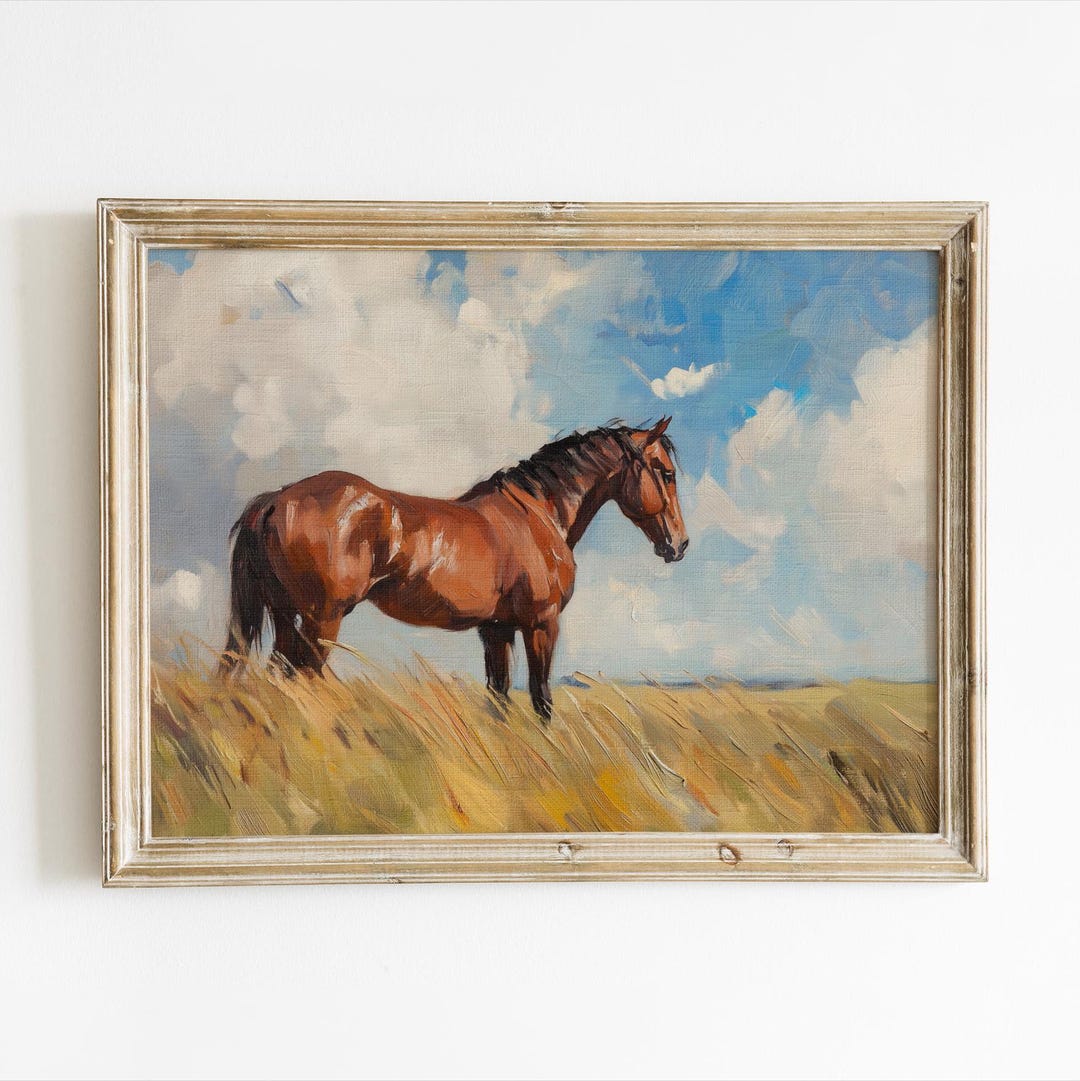 Vintage Horse Oil Painting | Rustic Farmhouse Wall Art | Majestic Brown ...