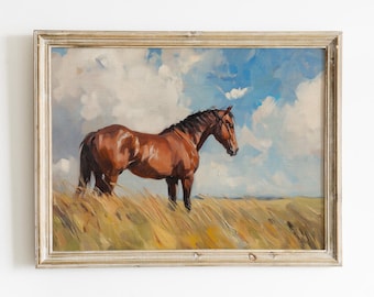 Vintage Horse Oil Painting | Rustic Farmhouse Wall Art | Majestic Brown Horse Landscape | Cottagecore horse print | Equestrian wall art