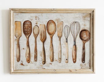 Rustic Kitchen Utensil Print, Farmhouse Kitchen Wall Art, Vintage Cooking Tools Illustration, Country Cooking Print, Cottagecore kitchen art