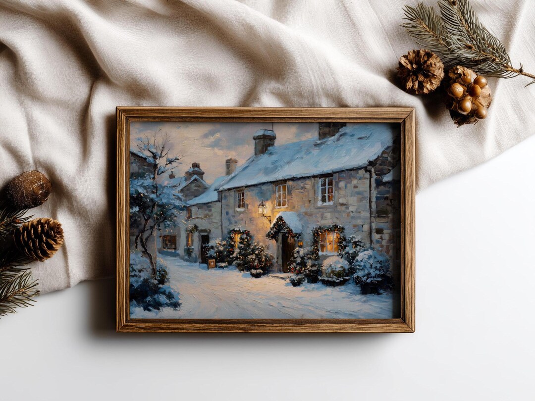 Cozy Cottage Christmas Art Print: Snowy English Village Oil Painting ...