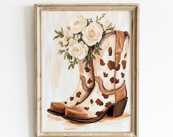 Cowgirl Stiefel Wand Kunst, Western Blumendekor, rustikale Kuh Print Stiefel, Boho Country Print, Bauernhaus Chic Print, Vintage Western Wanddekor